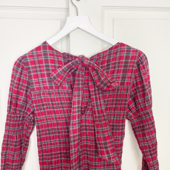 Damson Madder Alice Red Plaid Shirred Midi Dress Drop Waist Velvet Trim Sz 6 - Picture 7 of 11